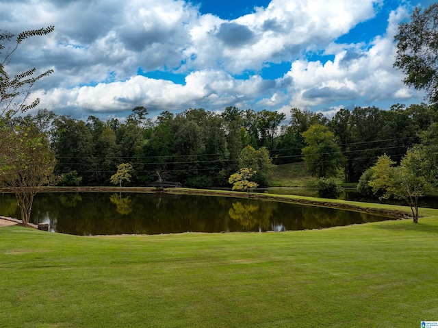 view of property's community with a water view and a yard