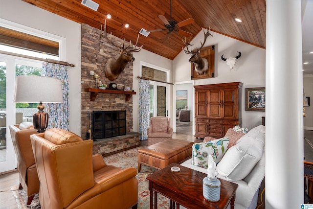 living room with wooden ceiling, light hardwood / wood-style flooring, high vaulted ceiling, and a fireplace