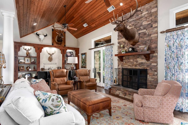 living room with high vaulted ceiling, a fireplace, wooden ceiling, and light hardwood / wood-style flooring