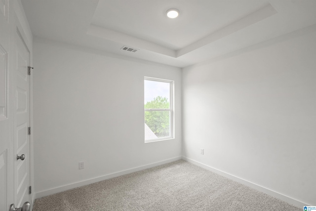 carpeted empty room with a tray ceiling