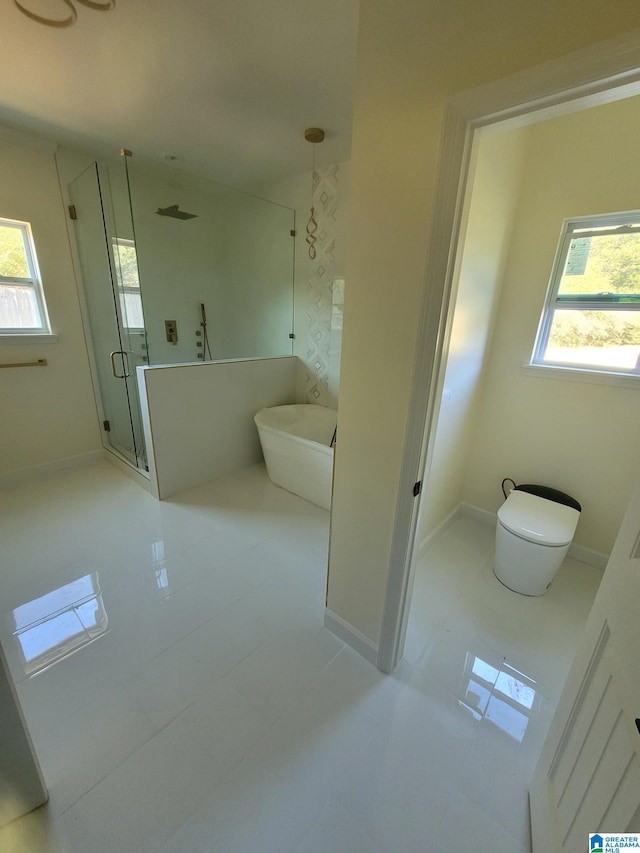 bathroom with toilet, a wealth of natural light, and plus walk in shower