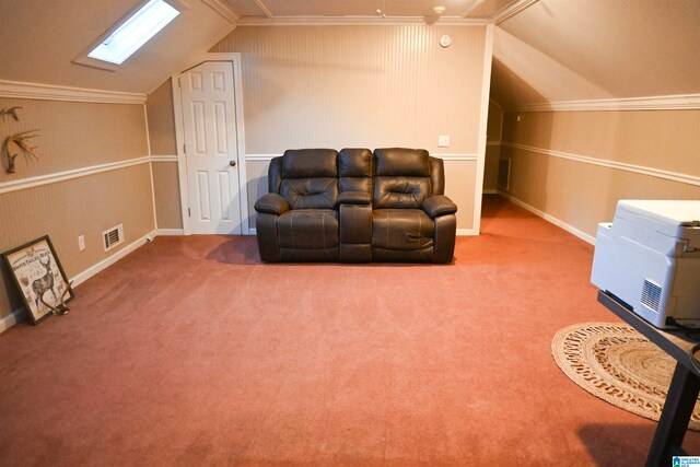 interior space with carpet floors, crown molding, and lofted ceiling with skylight