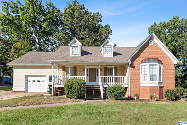 cape cod-style house featuring a garage, a front lawn, and a porch