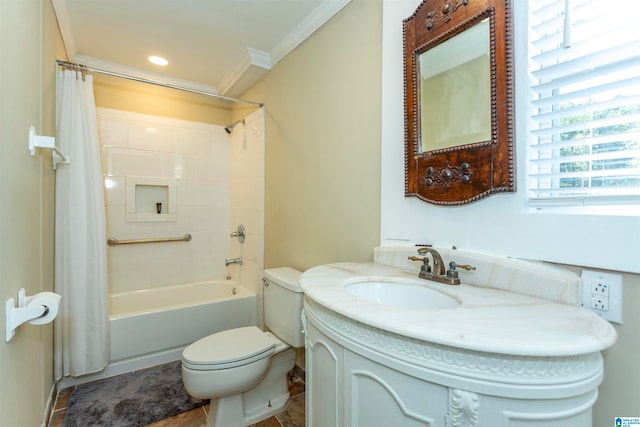 full bathroom with tile patterned flooring, vanity, toilet, crown molding, and shower / bathtub combination with curtain