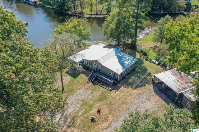 drone / aerial view with a water view