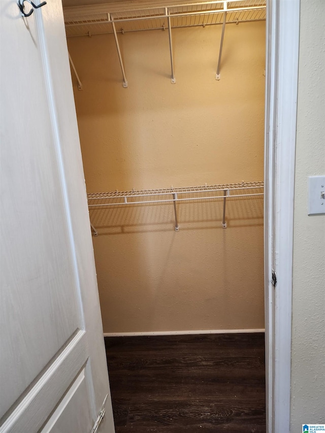 walk in closet with dark wood-type flooring