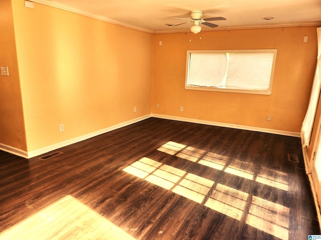 unfurnished room featuring hardwood / wood-style floors, ceiling fan, and ornamental molding