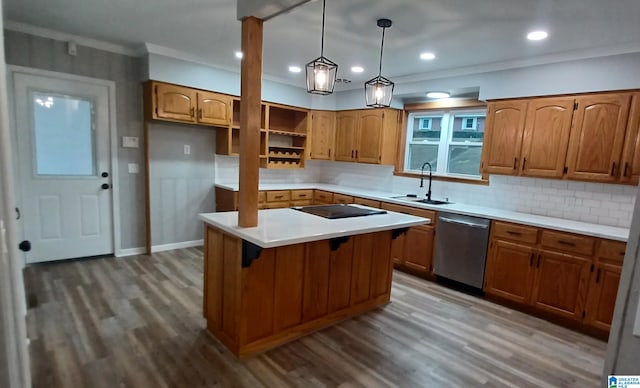 kitchen with hardwood / wood-style flooring, dishwasher, a center island, and pendant lighting