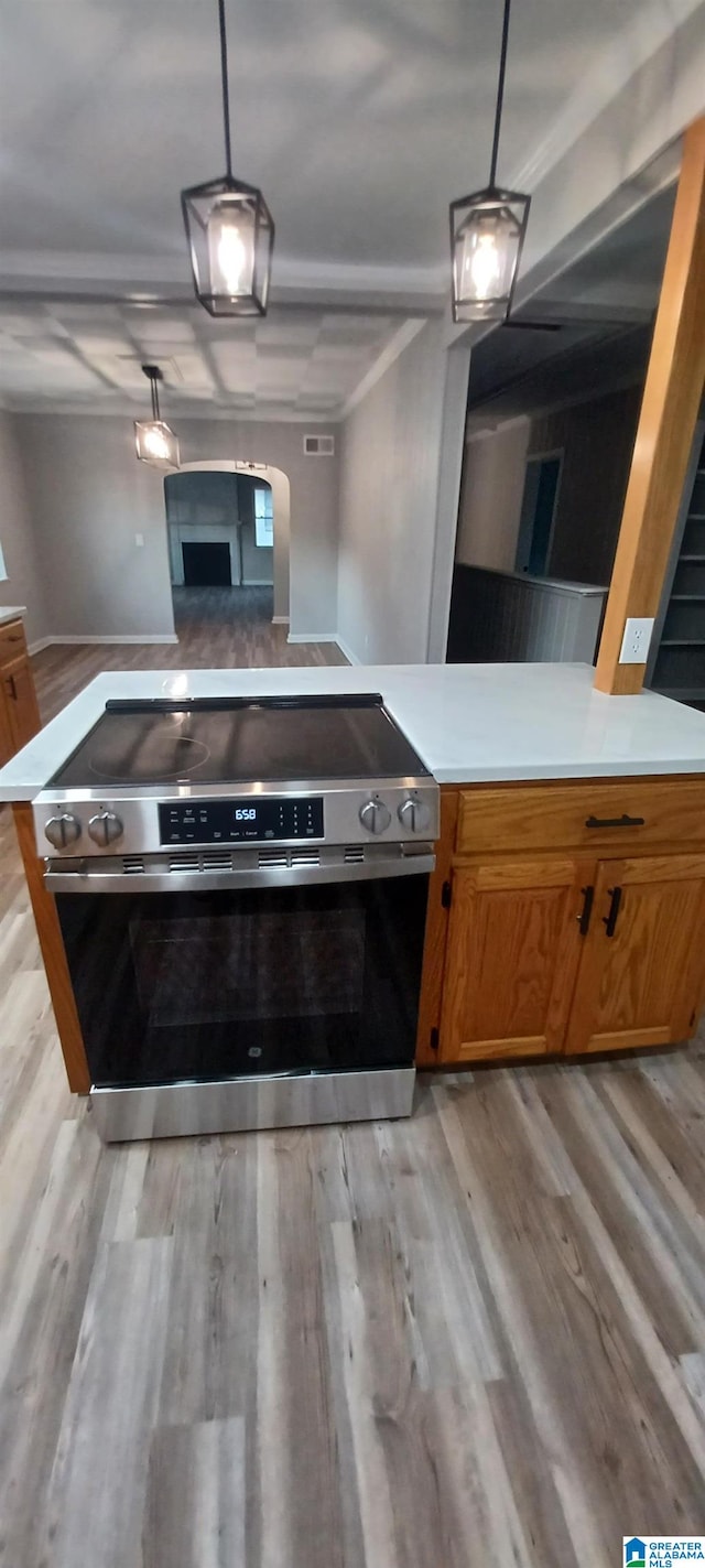 kitchen featuring pendant lighting, stainless steel range with electric cooktop, and light wood-type flooring