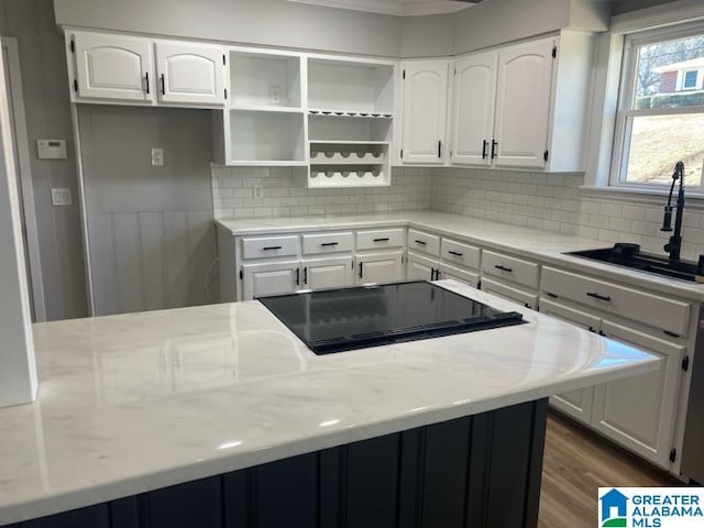 kitchen with white cabinetry, sink, and light stone counters