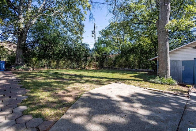 view of yard featuring a storage shed and a patio area