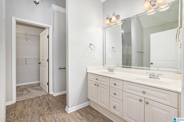 bathroom featuring an enclosed shower, wood-type flooring, and vanity