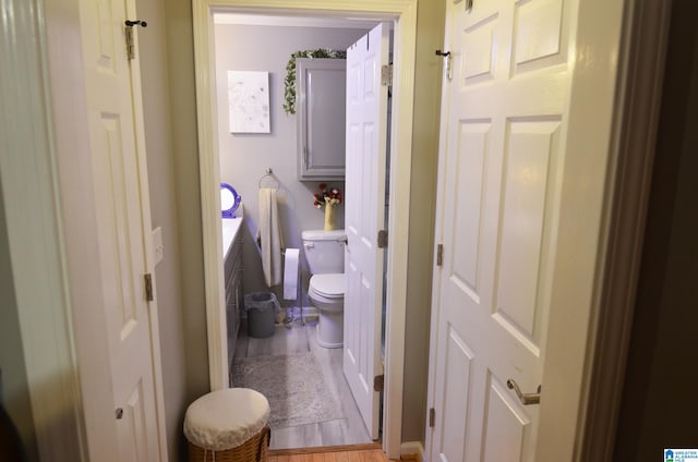 bathroom featuring wood-type flooring and toilet