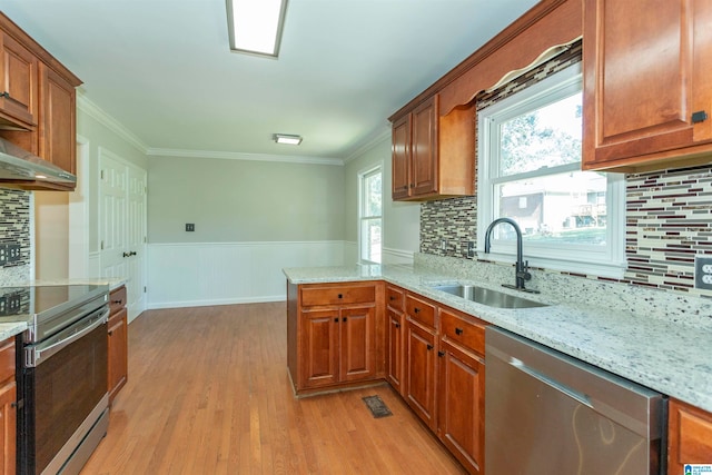 kitchen with sink, light hardwood / wood-style flooring, appliances with stainless steel finishes, plenty of natural light, and backsplash