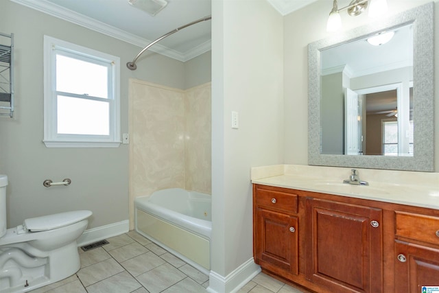 full bathroom with ornamental molding, tub / shower combination, vanity, and toilet