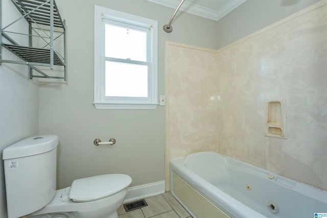 bathroom with crown molding, tile patterned flooring, toilet, and shower / washtub combination