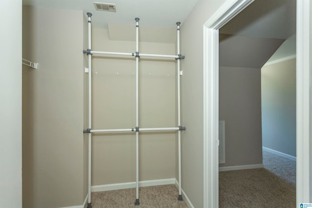 walk in closet featuring vaulted ceiling and carpet