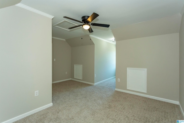 additional living space featuring lofted ceiling, ceiling fan, and light carpet