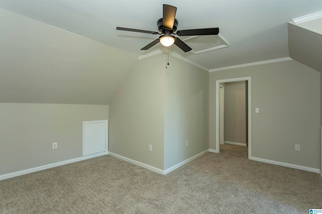 bonus room featuring ceiling fan, light colored carpet, and vaulted ceiling