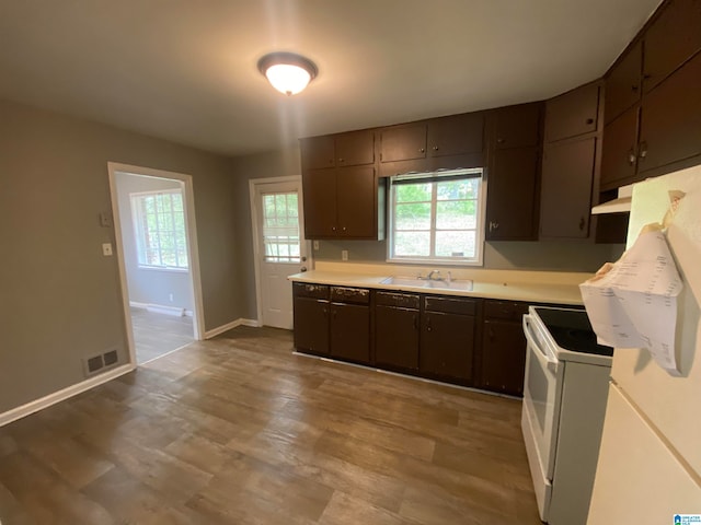 kitchen with dark brown cabinetry, sink, and white appliances