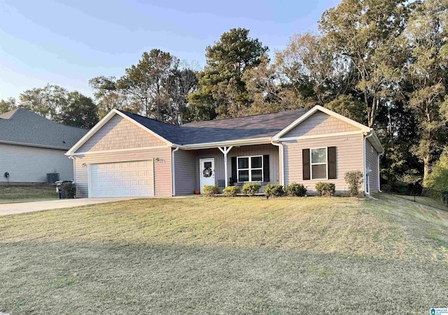 ranch-style home featuring central AC unit, driveway, a porch, a front yard, and a garage