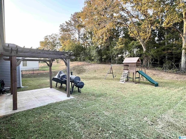 view of yard with a pergola, a fenced backyard, a patio area, and a playground