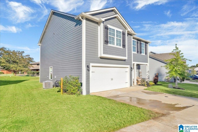 view of home's exterior with a lawn, a garage, and central AC