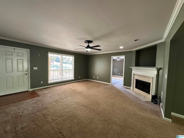 unfurnished living room featuring light carpet, crown molding, and ceiling fan