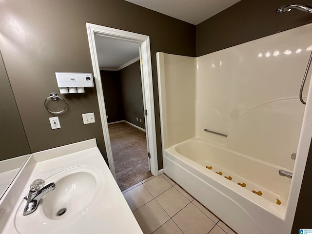 bathroom with bathtub / shower combination, ornamental molding, and tile patterned flooring