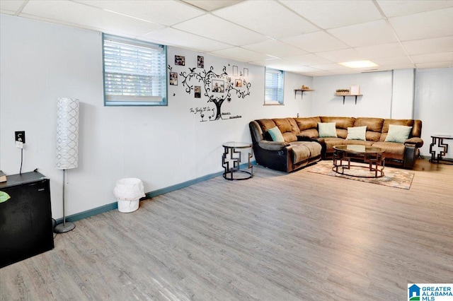 living room with a drop ceiling and light hardwood / wood-style flooring