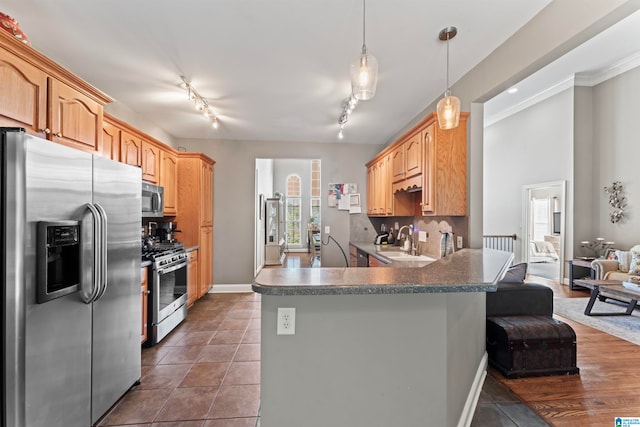 kitchen with kitchen peninsula, rail lighting, a kitchen breakfast bar, dark tile patterned flooring, and stainless steel appliances