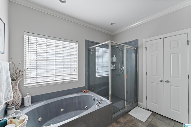 bathroom with crown molding, tile patterned floors, and shower with separate bathtub