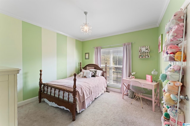 bedroom with an inviting chandelier, crown molding, and light colored carpet