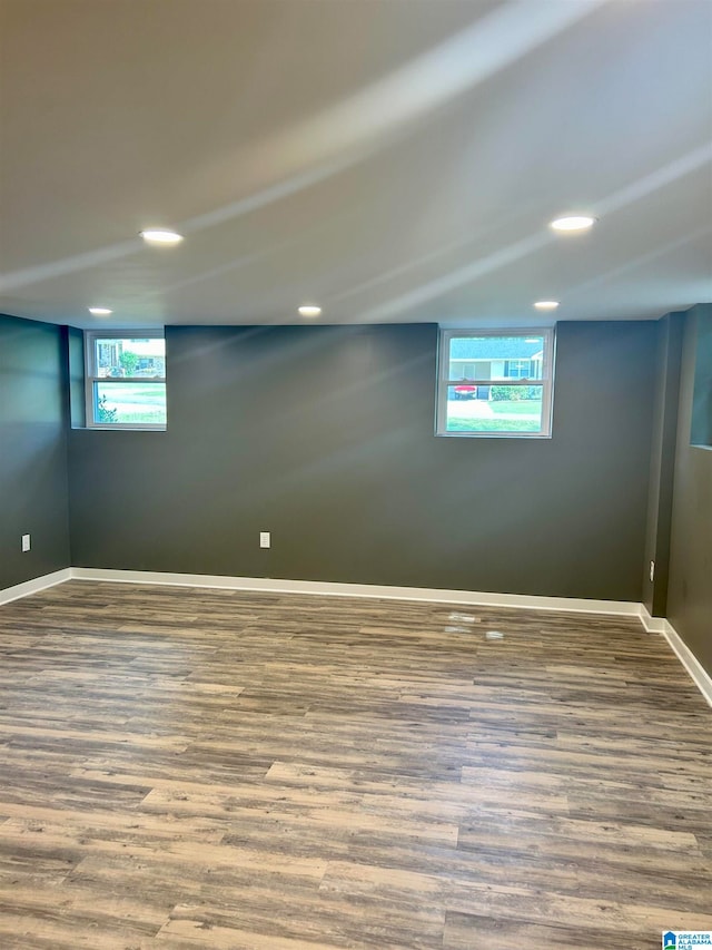 basement featuring a healthy amount of sunlight and wood-type flooring