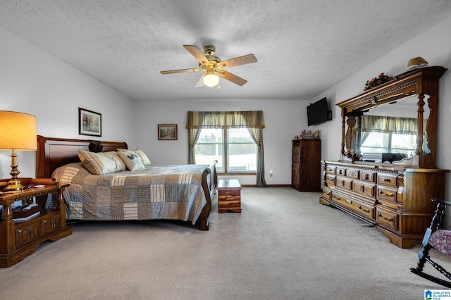 bedroom featuring light colored carpet, a textured ceiling, and multiple windows