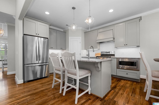 kitchen featuring dark wood-type flooring, light stone countertops, an island with sink, custom range hood, and stainless steel appliances