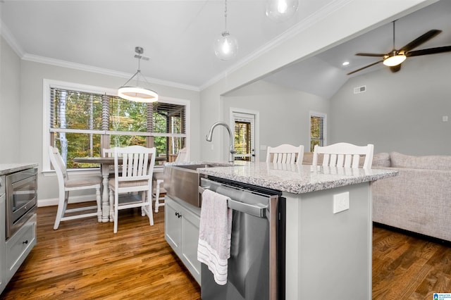 kitchen with a wealth of natural light, stainless steel appliances, a kitchen island with sink, and pendant lighting