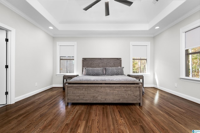 bedroom featuring dark hardwood / wood-style flooring, a raised ceiling, multiple windows, and ceiling fan