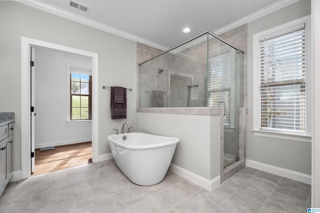 bathroom with plenty of natural light, shower with separate bathtub, and vanity