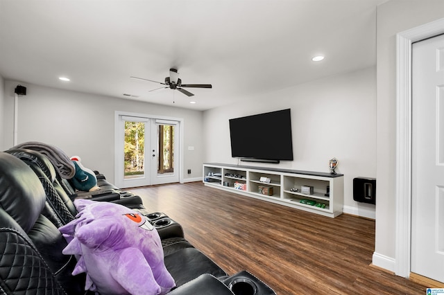 living room with ceiling fan, french doors, and dark wood-type flooring