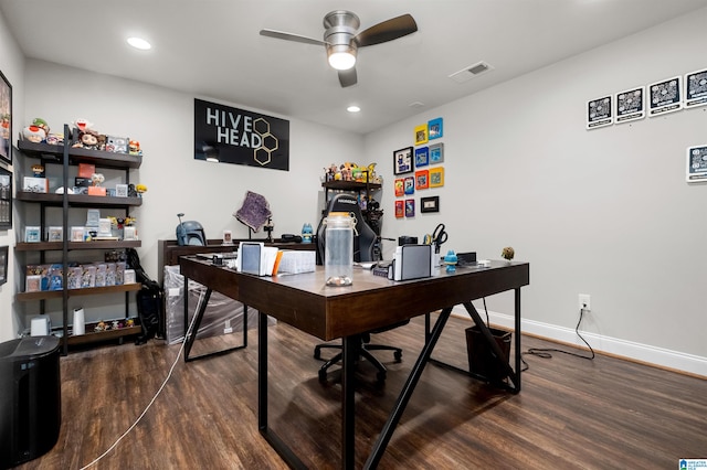 office with dark hardwood / wood-style floors and ceiling fan