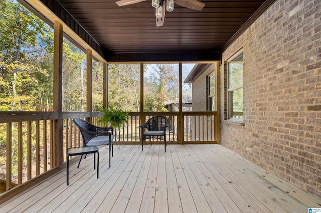 unfurnished sunroom featuring ceiling fan and wood ceiling