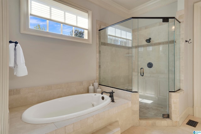 bathroom with independent shower and bath, crown molding, and tile patterned floors