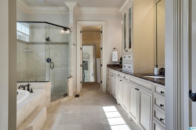 bathroom with vanity, shower with separate bathtub, crown molding, and tile patterned floors