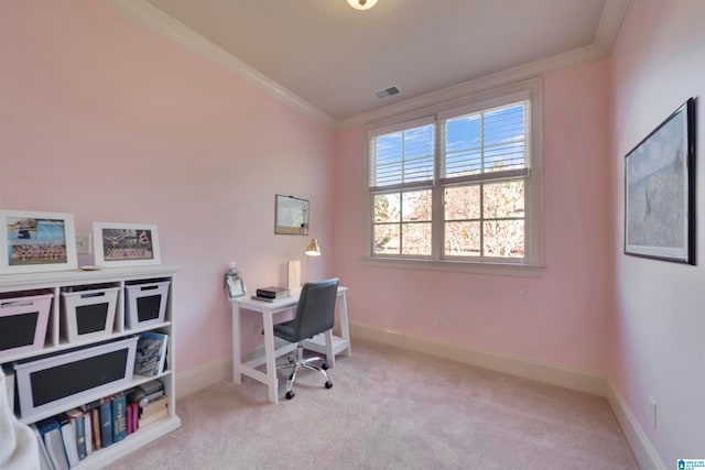 office area with light carpet and crown molding