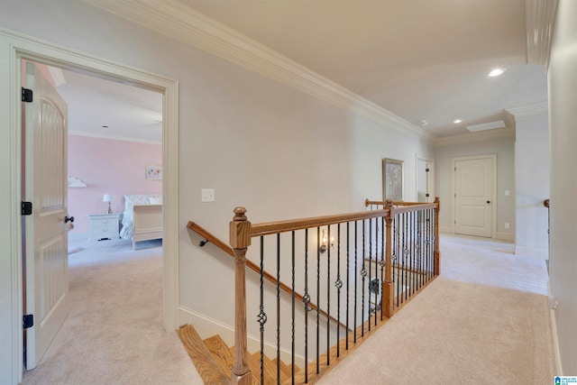 hall featuring light carpet and ornamental molding