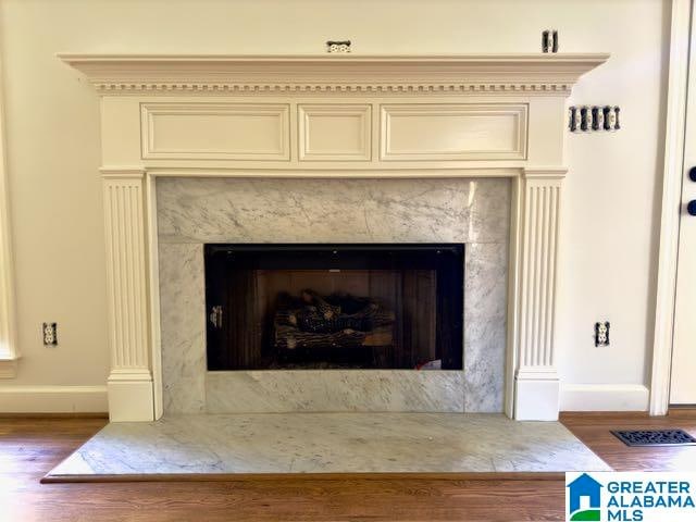 details with wood-type flooring and a high end fireplace