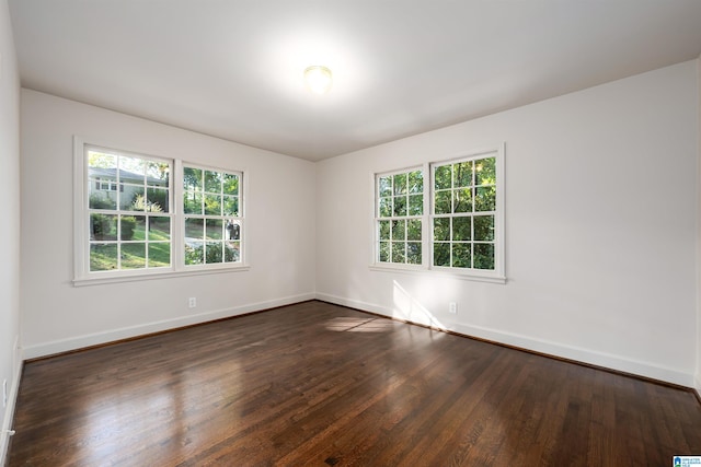 spare room featuring dark wood-style floors, plenty of natural light, and baseboards