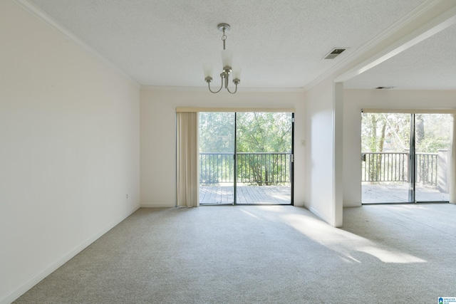 spare room featuring a healthy amount of sunlight, a textured ceiling, carpet floors, and an inviting chandelier