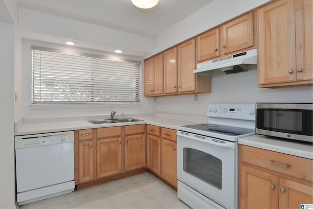 181 Cambrian Way Unit 181, Birmingham, AL 35242 - kitchen with white appliances, under cabinet range hood, a sink, light countertops, and recessed lighting